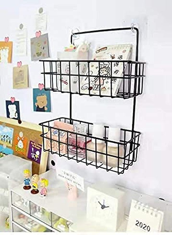 HaRvic 2 Layer Metal Wall Hanging Kitchen Storage Rack Magic Sticker Shower Rack Home Decor Shelf Bathroom Home Kitchen Spice Jar Bottle Storage Rack (Black) - Image 1